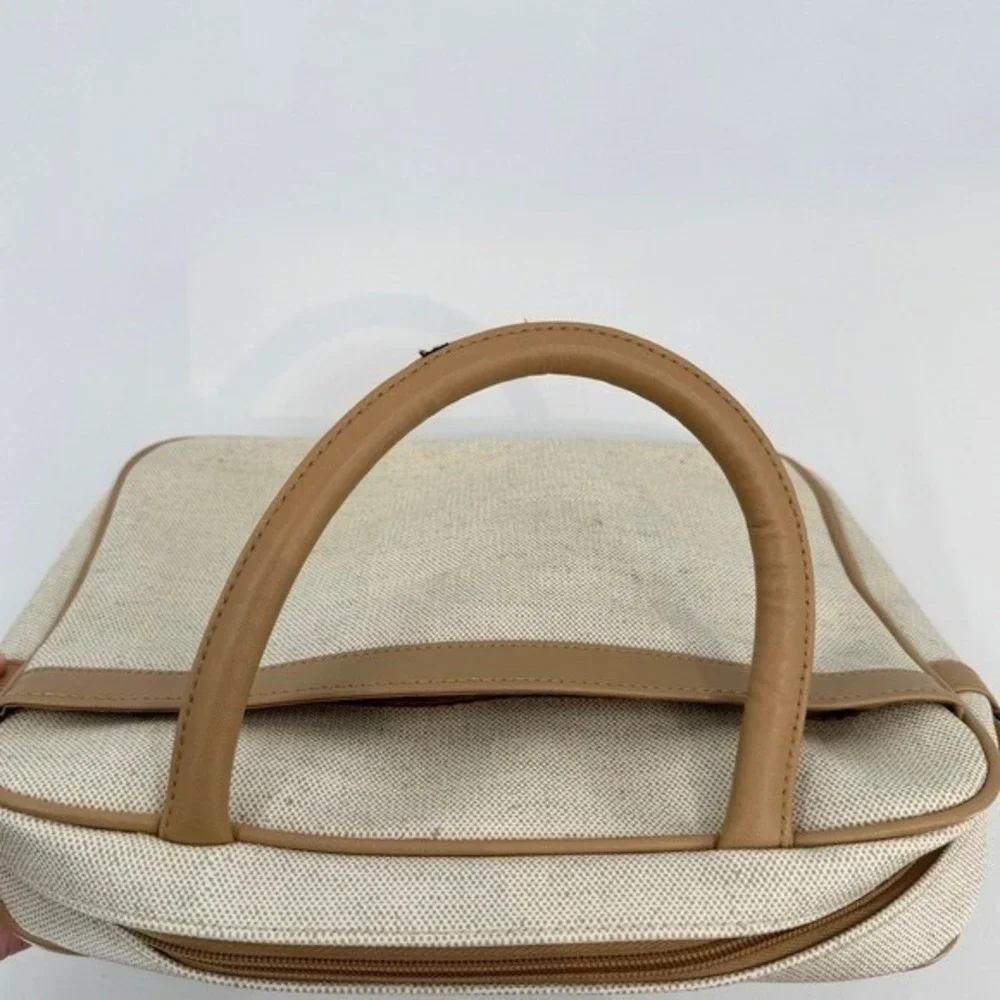 Vintage Faux Canvas Organizer Satchel Bag‎ Tan Cream Multi Pocket Briefcase